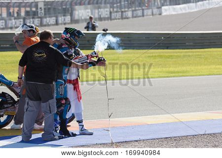VALENCIA, SPAIN - NOV 13: Moto3 race during Motogp Grand Prix of the Comunidad Valencia on November 13, 2016 in Valencia, Spain.