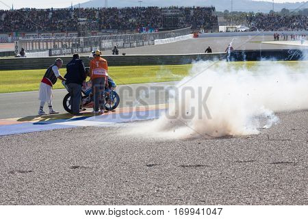 VALENCIA, SPAIN - NOV 13: Moto3 race during Motogp Grand Prix of the Comunidad Valencia on November 13, 2016 in Valencia, Spain.