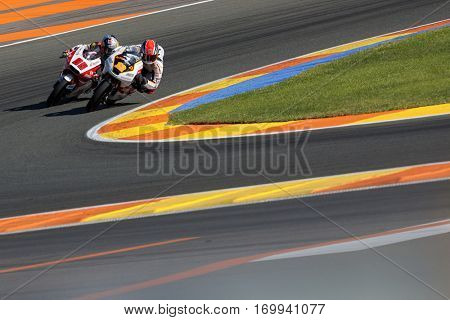 VALENCIA, SPAIN - NOV 13: Moto3 race during Motogp Grand Prix of the Comunidad Valencia on November 13, 2016 in Valencia, Spain.