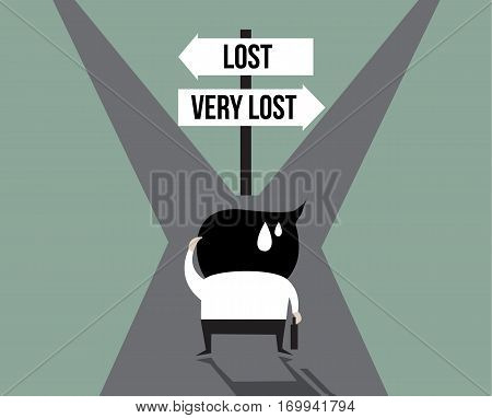 Businessman lost with the signpost, way, leader, arrow, right, correct,