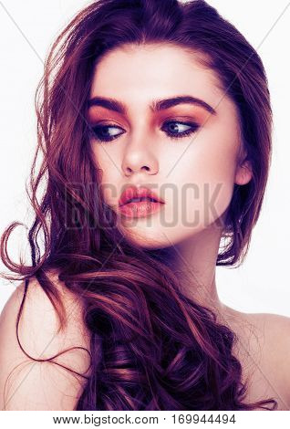 Ginger red long hair.Fashion beauty portrait red lips with blue perple colors on white background