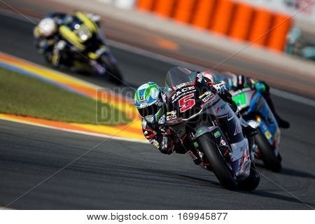 VALENCIA, SPAIN - NOV 12: Johann Zarco in Moto2 Qualifying during Motogp Grand Prix of the Comunidad Valencia on November 12, 2016 in Valencia, Spain.