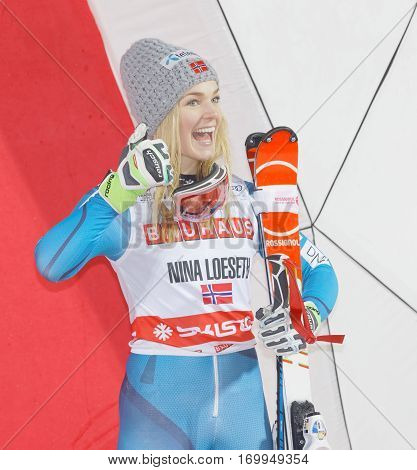STOCKHOLM SWEDEN - JAN 31 2017: Happy Nina Loeseth (NOR) aon the podium at the FIS Alpine Ski World Cup - city event January 31 2017 Stockholm Sweden