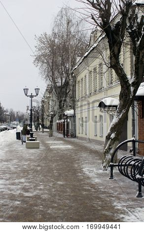Winter street in Zvenigorod small Russian town. Day light