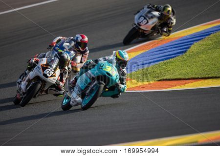 VALENCIA, SPAIN - NOV 11: 63 Perez, 36 Mir during Moto3 practice in Motogp Grand Prix of the Comunidad Valencia on November 11, 2016 in Valencia, Spain.