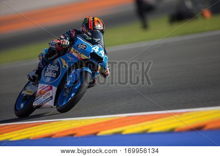 VALENCIA, SPAIN - NOV 11: Aron Canet during Moto3 practice in Motogp Grand Prix of the Comunidad Valencia on November 11, 2016 in Valencia, Spain.