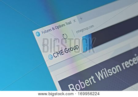 SARANSK, RUSSIA - FEBRUARY 06, 2017: A computer screen shows details of CME Group main page on its web site. Selective focus.