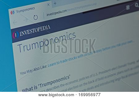 SARANSK, RUSSIA - JANUARY 17, 2017: A computer screen shows details of Investopedia Trumponomics Definition page on its web site. Selective focus.