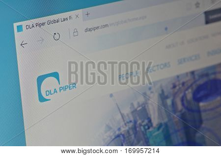SARANSK, RUSSIA - JANUARY 17, 2017: A computer screen shows details of DLA Piper main page on its web site. Selective focus.