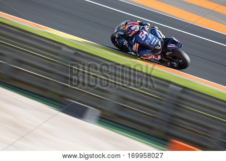 VALENCIA, SPAIN - NOV 12: Mattia Pasini in Moto2 practice during Motogp Grand Prix of the Comunidad Valencia on November 12, 2016 in Valencia, Spain.