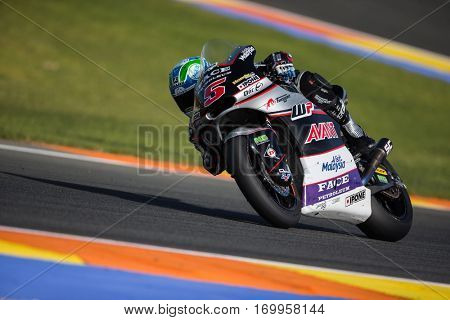 VALENCIA, SPAIN - NOV 12: Johann Zarco in Moto2 practice during Motogp Grand Prix of the Comunidad Valencia on November 12, 2016 in Valencia, Spain.