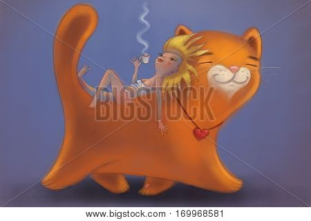 illustration girl lies and rest on walking giant red cat with cup of coffee