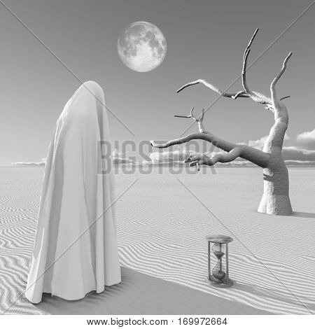 Surreal painting. Figure in white hijab stands at the desert.  3D Render  Some elements provided courtesy of NASA
