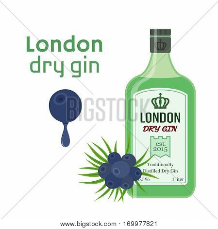 Traditional dry gin in green bottle with berries - juniper. Alcohol drink in flat vector style.