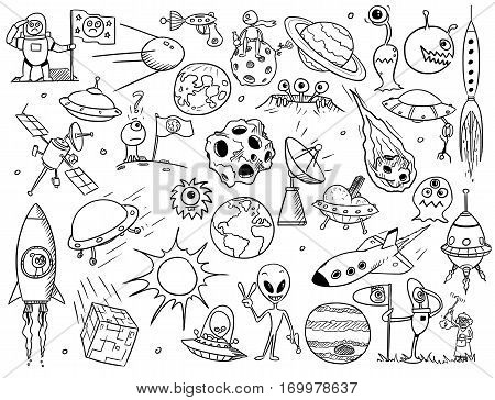 Collection of aliens, UFOs and space vector doodles