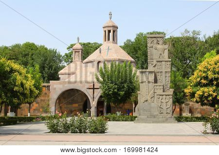 Chapel and Hackkar cross monyment in holy Etchmiadzin church place near Yerevan, the capital of Armenia.