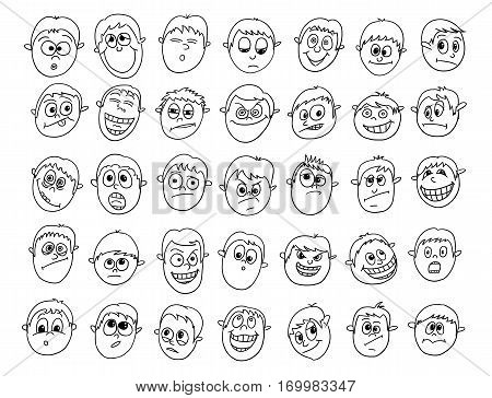 Set of expressive male faces doodles as vector