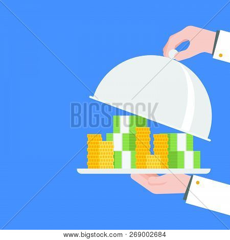 Hand Serving Money, Quick Money Ready To Use, Loan Business Concept In Flat Design Vector