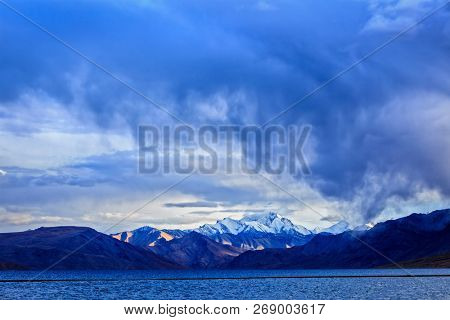 Gathering storm over Himalayan lake Tso Moriri in Himalayas, Korzok, Ladakh, India