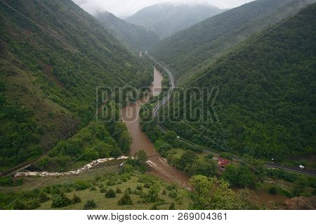 Maglič, Serbia - June 28 2018: View From Maglič Castle To Ibar River And Ibar Highway On A Foggy Day