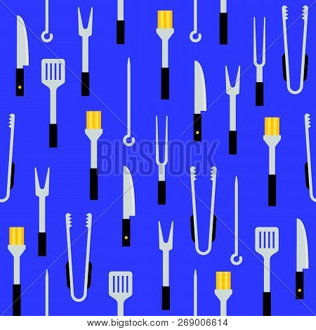 Barbecue Equipment Such As Basting Brush, Tongs, Spatula, Seamless Pattern Vector For Use As Wrappin