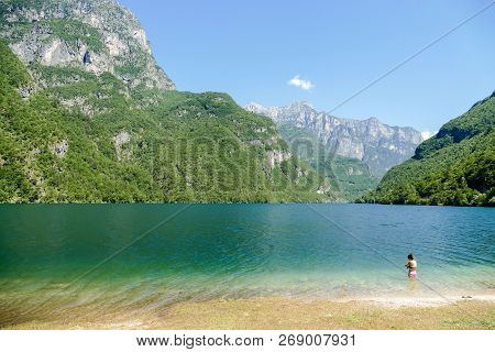 Photo View Of Molveno Lake In Dolomites Italy