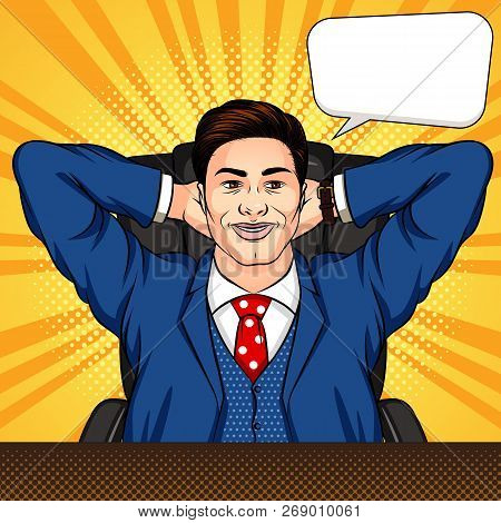 Vector Colored Pop Art Comic Book Style Illustration Of A Man Sitting In An Office. A Successful Bus
