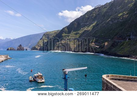 Porto Moniz, Madeira, Portugal - April 18, 2018: Fishing Port And Marina In Porto Moniz On The North
