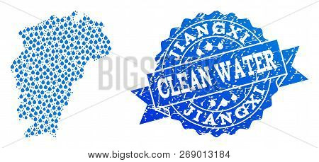 Map Of Jiangxi Province Vector Mosaic And Clean Water Grunge Stamp. Map Of Jiangxi Province Formed W