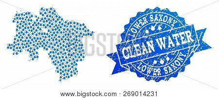 Map Of Lower Saxony State Vector Mosaic And Clean Water Grunge Stamp. Map Of Lower Saxony State Comp