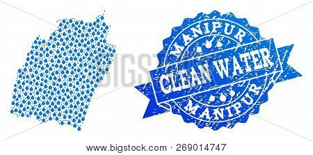 Map Of Manipur State Vector Mosaic And Clean Water Grunge Stamp. Map Of Manipur State Composed With 