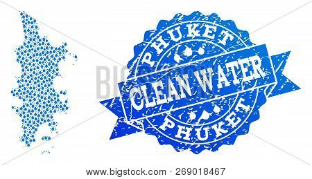 Map Of Phuket Vector Mosaic And Clean Water Grunge Stamp. Map Of Phuket Composed With Blue Water Rai