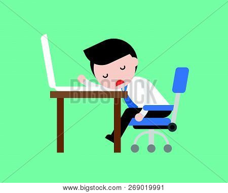 Cute Businessman Napping On Desk At Working Place, Business Situation In Flat Design.