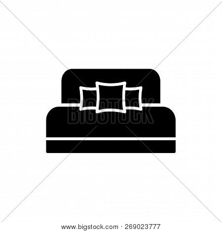 Black & White Vector Illustration Of Daybed With Headboard Pillows. Comfortable Sofa. Flat Icon Of S