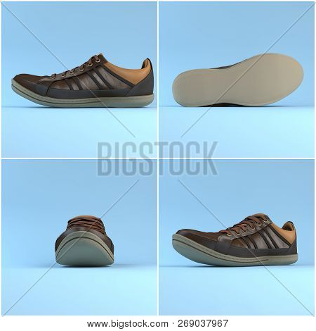 Set Of Leather Brown Shoes With Laces. 3d Rending. Sneakers.