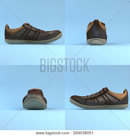 Set Of Leather Brown Shoes With Laces. 3d Rending. Sneakers.