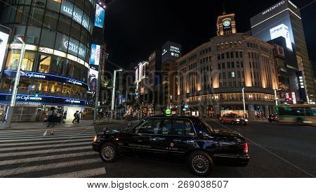 Tokyo, Japan - August 2018: Seiko Clock Tower In Ginza District In Tokyo, Japan.