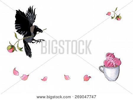 Watercolor Hand Drawn Illustration Of A Flying Crow With Peony Bud, Cup With Meringues Isolated On W