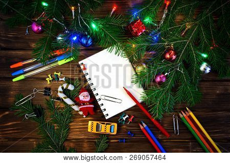 New Year In The Office. Template. Notebook To Record Wishes, Congratulations And Gifts. Happy New Ye