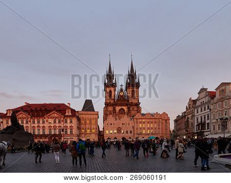 Prague, Czech Republic - November 01, 2018  Church Of Our Lady Before Týn From Old Town Square At Su