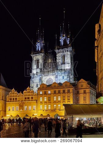 Prague, Czech Republic - October 30, 2018 View By Night Of Church Of Our Lady Before Týn From Old To