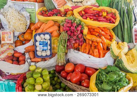 Cuzco, Peru - May 23, 2015: Vegetabls And Fruits At The Stall At Mercado San Pedro Market In Cuzco, 