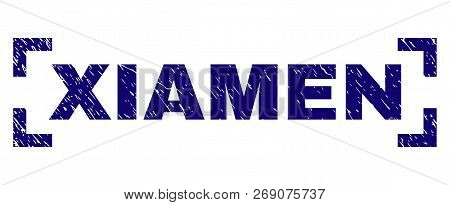 Xiamen Caption Seal Print With Distress Texture. Text Caption Is Placed Between Corners. Blue Vector