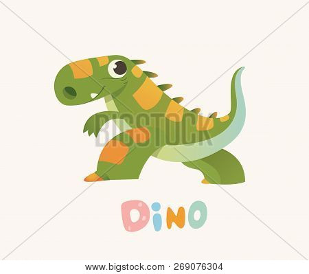 Cute Green Cartoon Baby Dino. Bright Colorful Dinosaur. Childrens Illustration. Isolated. Vector