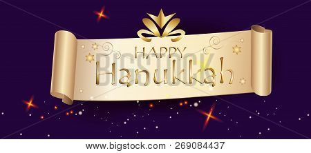 Happy Hanukkah Banner Traditional Jewish Holiday Hanuka Festival Of Lights Symbols Gold Decoration. 