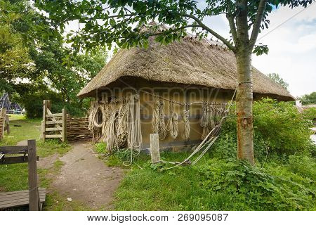 The Medieval House With Rope In The Middle Ages Center, The Experimental Living History Museum In Su