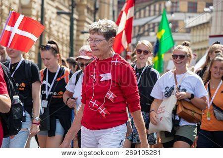 Prague, Czech Republic - July 1, 2018: Danish Visitors Parading At Sokolsky Slet, A Once-every-six-y