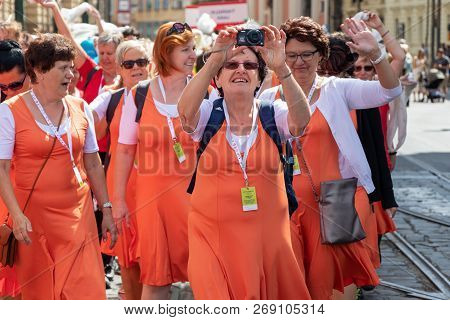 Prague, Czech Republic - July 1, 2018: Women Parading At Sokolsky Slet, A Once-every-six-years Gathe