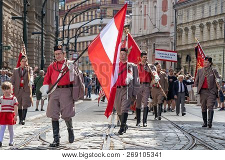 Prague, Czech Republic - July 1, 2018: Austrian Visitors Parading At Sokolsky Slet, A Once-every-six