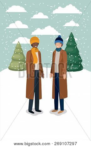 Couple Of Men In Snowscape With Winter Clothes Vector Illustration Design